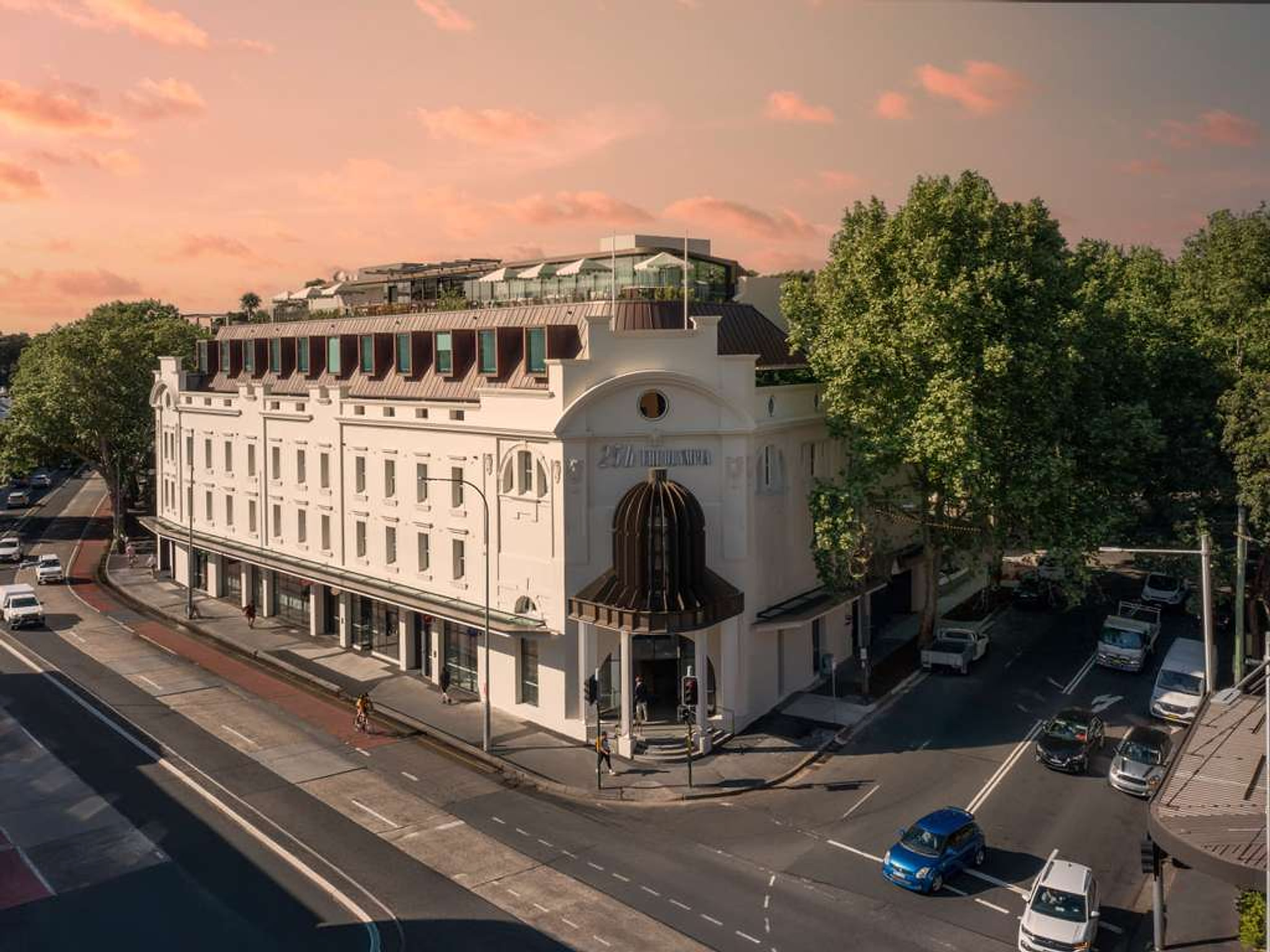 Olympic Hotel Paddington at golden hour on Moore Park Road